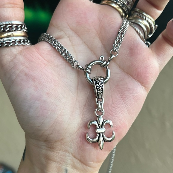 SET ! Fleur de lis / lys stainless steel double wheat chain necklace + earrings - Picture 12 of 14